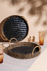 Alamkari India Cane Black Round Tray with High Handle